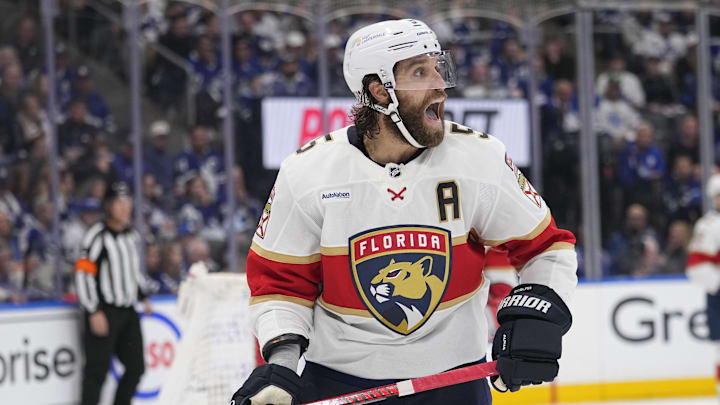 May 18, 2025; Toronto, Ontario, CAN; Florida Panthers defenseman Aaron Ekblad (5) calls out to teammates during the third period of game seven of the second round of the 2025 Stanley Cup Playoffs against the Toronto Maple Leafs at Scotiabank Arena. Mandatory Credit: John E. Sokolowski-Imagn Images