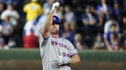 Sep 25, 2025; Chicago, Illinois, USA; New York Mets first base Pete Alonso (20) gestures after hitting a double against the Chicago Cubs during the first inning at Wrigley Field. Mandatory Credit: David Banks-Imagn Images