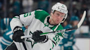 Feb 8, 2025; San Jose, California, USA; Dallas Stars defenseman Thomas Harley (55) warms up before the game against the San Jose Sharks at SAP Center at San Jose. Mandatory Credit: Robert Edwards-Imagn Images