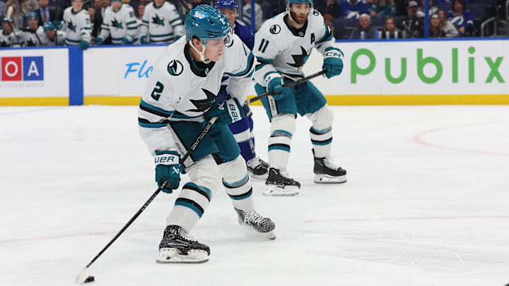 Dec 5, 2024; Tampa, Florida, USA; San Jose Sharks center Will Smith (2) shoots against the Tampa Bay Lightning during the second period at Amalie Arena. Mandatory Credit: Kim Klement Neitzel-Imagn Images