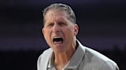 Dec 18, 2024; Los Angeles, California, USA; Southern California Trojans head coach Eric Musselman reacts in the fisrt half against the Cal State Northridge Matadors at Galen Center. Mandatory Credit: Kirby Lee-Imagn Images