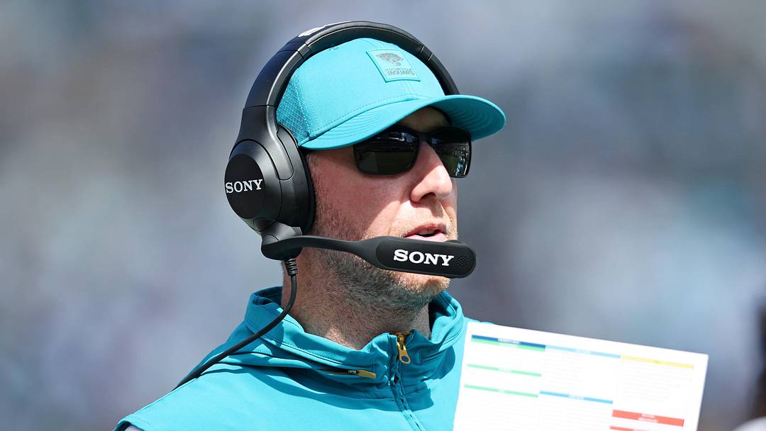 Oct 12, 2025; Jacksonville, Florida, USA; Jacksonville Jaguars head coach Liam Coen looks on during the first half against the Seattle Seahawks at EverBank Stadium. Mandatory Credit: Morgan Tencza-Imagn Images