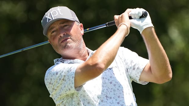 Ryan Palmer plays his shot from the 12th tee during the second round of the Charles Schwab Challenge 