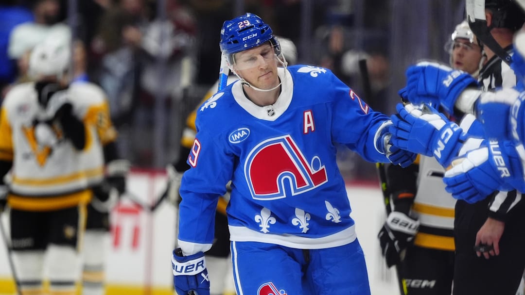 Mar 16, 2026; Denver, Colorado, USA; Colorado Avalanche center Nathan MacKinnon (29) celebrates his goal in the first period against the Pittsburgh Penguins at Ball Arena. Mandatory Credit: Ron Chenoy-Imagn Images Mar 16, 2026; Denver, Colorado, USA; Colorado Avalanche center Nathan MacKinnon (29) celebrates his goal in the first period against the Pittsburgh Penguins at Ball Arena. Mandatory Credit: Ron Chenoy-Imagn Images