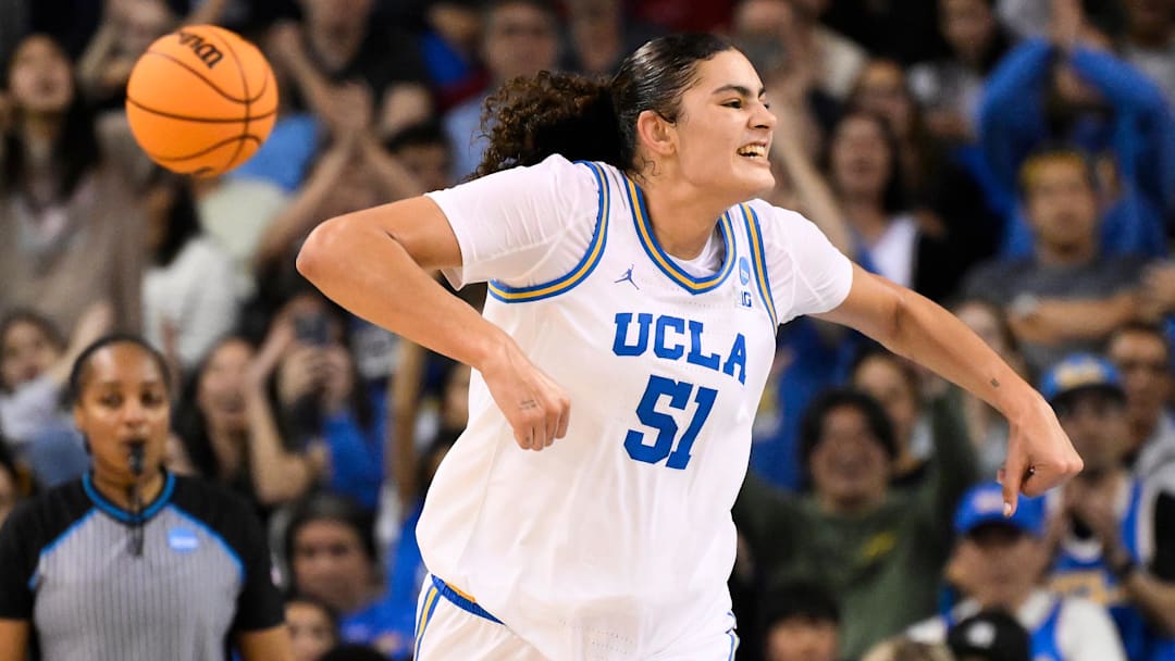 Mar 23, 2025; Los Angeles, California, USA; UCLA Bruins center Lauren Betts (51) celebrates scoring a basket in the third quarter against the Richmond Spiders during an NCAA Tournament second round game at Pauley Pavilion presented by Wescom. Mandatory Credit: Robert Hanashiro-Imagn Images