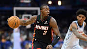 Mar 31, 2025; Washington, District of Columbia, USA; Miami Heat guard Terry Rozier (2) drives to the basket against Washington Wizards guard AJ Johnson (5) during the first quarter at Capital One Arena. Mandatory Credit: Reggie Hildred-Imagn Images