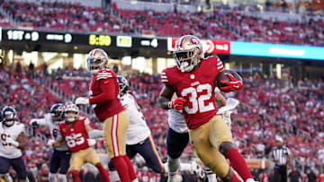 Dec 8, 2024; Santa Clara, California, USA; San Francisco 49ers running back Patrick Taylor Jr. (32) runs the ball against the Chicago Bears in the fourth quarter at Levi's Stadium. Mandatory Credit: Cary Edmondson-Imagn Images