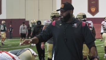 Florida State offensive coordinator Alex Atkins (right) coaches his offensive line up during an FSU spring football practice of the 2023 season on Friday, March 10, 2023.

Alex Atkins3 1 Of 1