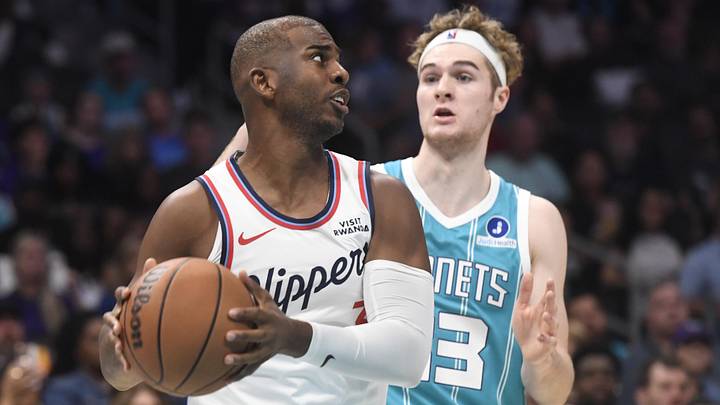 Nov 22, 2025; Charlotte, North Carolina, USA; Los Angeles Clippers guard Chris Paul (3) looks to pass during the second half against the Charlotte Hornets at the Spectrum Center. Mandatory Credit: Sam Sharpe-Imagn Images