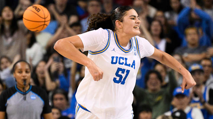 Mar 23, 2025; Los Angeles, California, USA; UCLA Bruins center Lauren Betts (51) celebrates scoring a basket in the third quarter against the Richmond Spiders during an NCAA Tournament second round game at Pauley Pavilion presented by Wescom. Mandatory Credit: Robert Hanashiro-Imagn Images