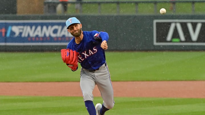 Mar 15, 2024; Salt River Pima-Maricopa, Arizona, USA; Texas Rangers starting pitcher Chasen Shreve  (45) delivers a pitch in the first inning against the Colorado Rockies during a spring training game at Salt River Fields at Talking Stick.