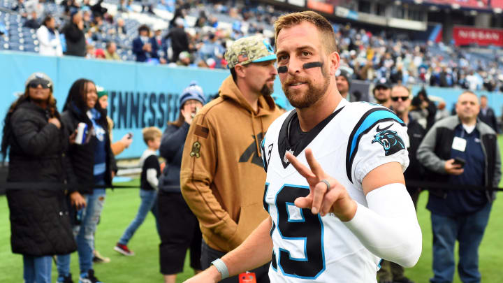 Nov 26, 2023; Nashville, Tennessee, USA; Carolina Panthers wide receiver Adam Thielen (19) leaves the field after warmups before the game against the Tennessee Titans at Nissan Stadium. Mandatory Credit: Christopher Hanewinckel-USA TODAY Sports