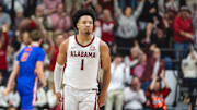 Mar 5, 2025; Tuscaloosa, Alabama, USA; Alabama Crimson Tide guard Mark Sears (1) reacts after shooting a three-point basket against the Florida Gators during the first half at Coleman Coliseum. Mandatory Credit: Will McLelland-Imagn Images