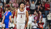Mar 5, 2025; Tuscaloosa, Alabama, USA; Alabama Crimson Tide guard Mark Sears (1) reacts after shooting a three-point basket against the Florida Gators during the first half at Coleman Coliseum. Mandatory Credit: Will McLelland-Imagn Images