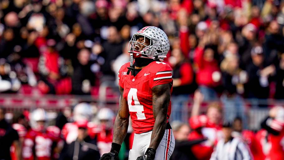 Ohio State receiver Jeremiah Smith celebrates after catching a pass against Penn State.