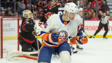 Nov 24, 2023; Ottawa, Ontario, CAN; New York Islanders right wing Oliver Wahlstrom (26) celebrates his goal scored in the second period against the Ottawa Senators at the Canadian Tire Centre. Mandatory Credit: Marc DesRosiers-USA TODAY Sports