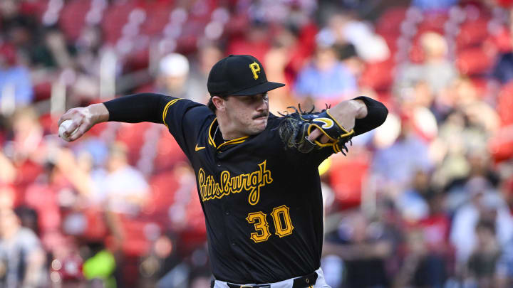 Jun 11, 2024; St. Louis, Missouri, USA;  Pittsburgh Pirates starting pitcher Paul Skenes (30) pitches against the St. Louis Cardinals during the first inning at Busch Stadium. Mandatory Credit: Jeff Curry-USA TODAY Sports
