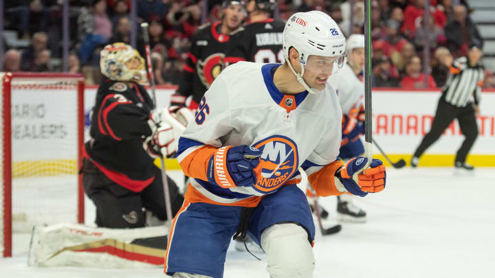 Nov 24, 2023; Ottawa, Ontario, CAN; New York Islanders right wing Oliver Wahlstrom (26) celebrates his goal scored in the second period against the Ottawa Senators at the Canadian Tire Centre. Mandatory Credit: Marc DesRosiers-USA TODAY Sports