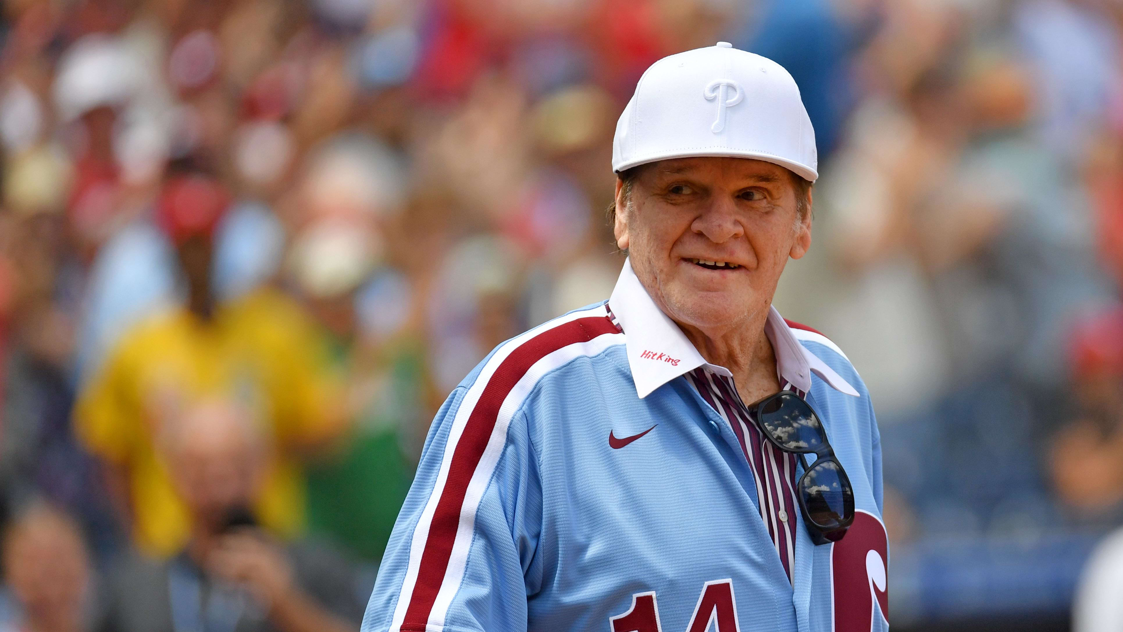 Aug 7, 2022; Philadelphia, Pennsylvania, USA; Former Philadelphia Phillies infielder Pete Rose is honored before a game.