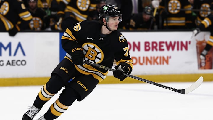 Mar 24, 2026; Boston, Massachusetts, USA; Boston Bruins left wing Lukas Reichel (75) skates against the Toronto Maple Leafs during the third period at TD Garden. Mandatory Credit: Winslow Townson-Imagn Images