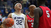 Akron Zips forward James Okonkwo (32). 