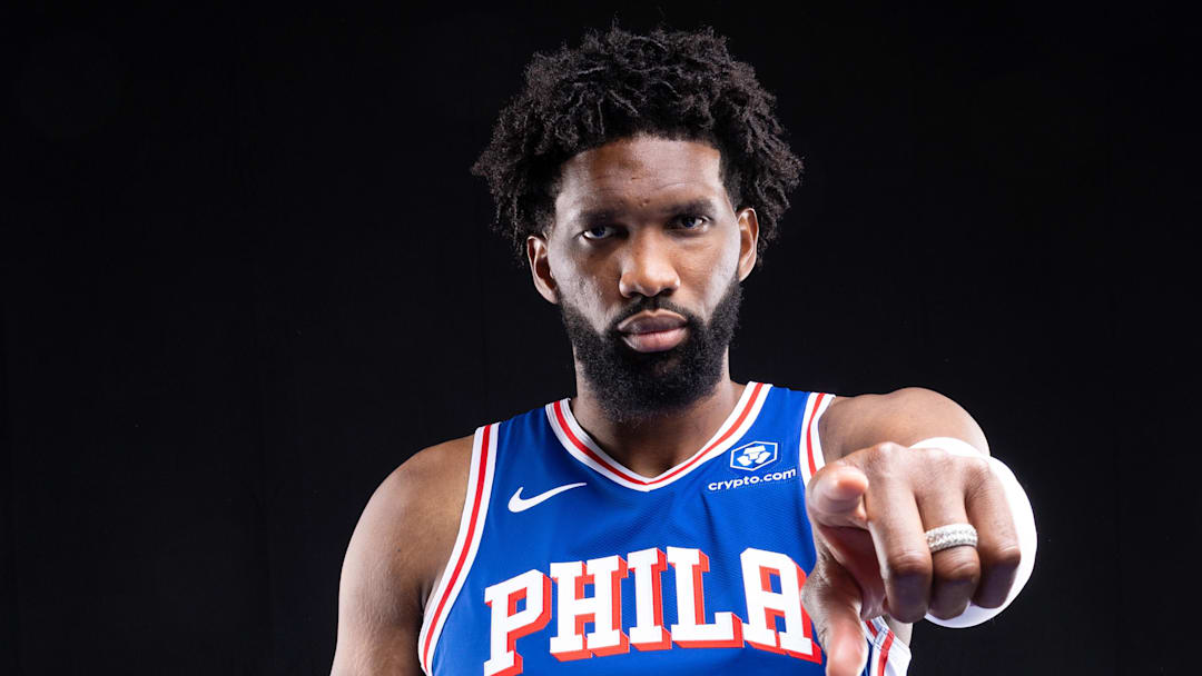 Sep 26, 2025; Camden, NJ, USA; Philadelphia 76ers center Joel Embiid (21) poses for a photo during media day. Mandatory Credit: Bill Streicher-Imagn Images