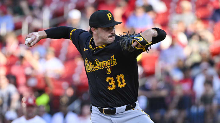 Pittsburgh Pirates rookie Paul Skenes pitches against the St. Louis Cardinals during the first inning at Busch Stadium.