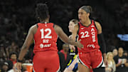 A’ja Wilson (right) has been averaging 26.1 points and 13.2 rebounds over the Aces’ seven-game winning streak. 