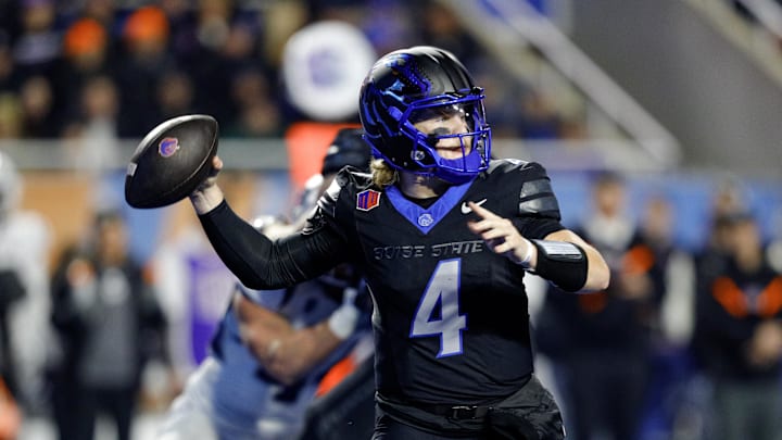 Nov 9, 2024; Boise, Idaho, USA; Boise State Broncos quarterback Maddux Madsen (4) throws against the Nevada Wolf Pack at Albertsons Stadium. Boise State won 28-21. Mandatory Credit: Brian Losness-Imagn Images
Nov 9, 2024; Boise, Idaho, USA; Boise State Broncos quarterback Maddux Madsen (4) throws against the Nevada Wolf Pack at Albertsons Stadium. Boise State won 28-21. Mandatory Credit: Brian Losness-Imagn Images