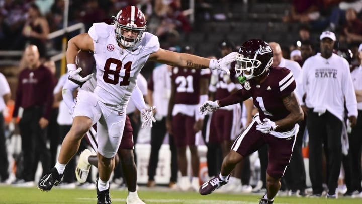 Sep 30, 2023; Starkville, Mississippi, USA; Alabama Crimson Tide tight end CJ Dippre (81) runs the ball while defended by Mississippi State Bulldogs safety Marcus Banks (1) during the second half at Davis Wade Stadium at Scott Field. Mandatory Credit: Matt Bush-USA TODAY Sports