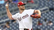 Jul 23, 2025; Washington, District of Columbia, USA; Washington Nationals starting pitcher Michael Soroka (34) throws to the Cincinnati Reds during the second inning at Nationals Park. Mandatory Credit: Brad Mills-Imagn Images