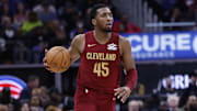 Mar 28, 2025; Detroit, Michigan, USA;  Cleveland Cavaliers guard Donovan Mitchell (45) dribbles in the second half against the Detroit Pistons at Little Caesars Arena. Mandatory Credit: Rick Osentoski-Imagn Images