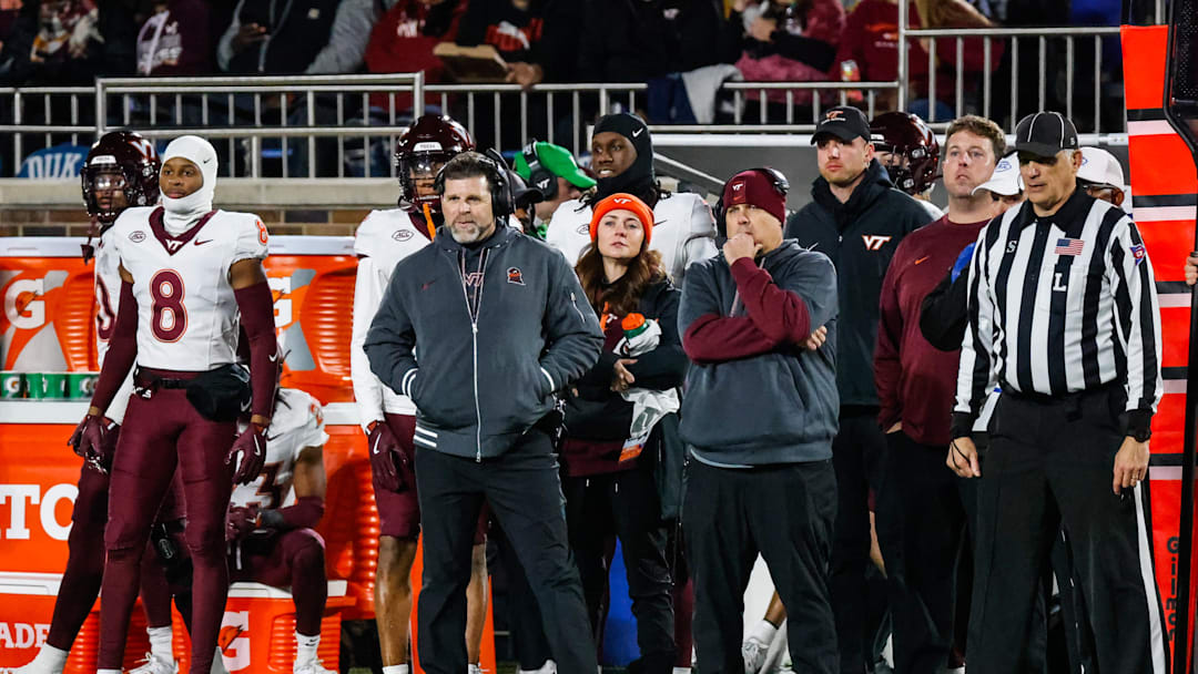 Nov 23, 2024; Durham, North Carolina, USA; Virginia Tech Hokies head coach Brent Pry looks on during the second half of the game against Duke Blue Devils at Wallace Wade Stadium. Mandatory Credit: Jaylynn Nash-Imagn Images