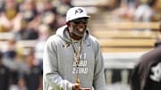 Sep 6, 2025; Boulder, Colorado, USA; Colorado Buffaloes head coach Deion Sanders before the game against the Delaware Fightin Blue Hens at Folsom Field. Mandatory Credit: Ron Chenoy-Imagn Images