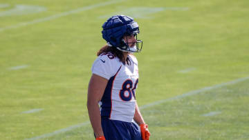 Jul 28, 2023; Englewood, CO, USA; Denver Broncos tight end Greg Dulcich (80) during training camp at Centura Health Training Center. Mandatory Credit: Isaiah J. Downing-USA TODAY Sports