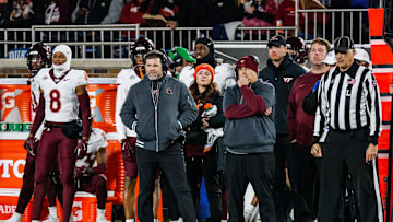 Nov 23, 2024; Durham, North Carolina, USA; Virginia Tech Hokies head coach Brent Pry looks on during the second half of the game against Duke Blue Devils at Wallace Wade Stadium. Mandatory Credit: Jaylynn Nash-Imagn Images