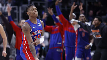 Mar 28, 2025; Detroit, Michigan, USA;  Detroit Pistons guard Marcus Sasser (25) celebrates during the second half against the Cleveland Cavaliers at Little Caesars Arena. Mandatory Credit: Rick Osentoski-Imagn Images