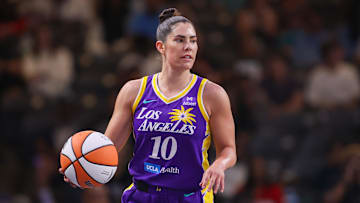 Sep 3, 2025; College Park, Georgia, USA; Los Angeles Sparks guard Kelsey Plum (10) dribbles against the Atlanta Dream in the first quarter at Gateway Center Arena at College Park. Mandatory Credit: Brett Davis-Imagn Images