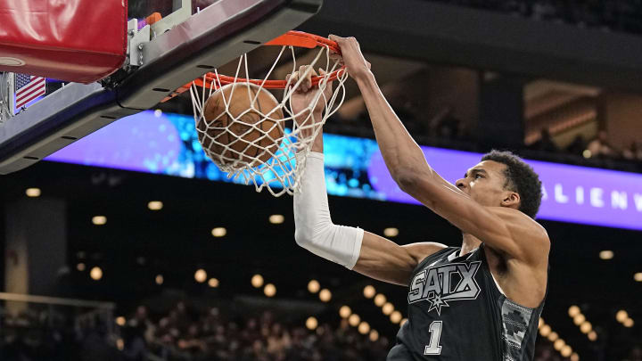 Mar 17, 2024; Austin, Texas, USA; San Antonio Spurs forward Victor Wembanyama (1) dunks during the first half against the Brooklyn Nets at Moody Center. Mandatory Credit: Scott Wachter-USA TODAY Sports