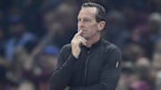 Oct 14, 2025; Cleveland, Ohio, USA; Cleveland Cavaliers head coach Kenny Atkinson stands on the sideline in the first quarter against the Detroit Pistons at Rocket Arena. Mandatory Credit: David Richard-Imagn Images