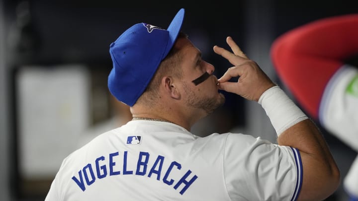 Jun 2, 2024; Toronto, Ontario, CAN; Toronto Blue Jays designated hitter Daniel Vogelbach (20) in the dugout before the start of the game against the Pittsburgh Pirates at Rogers Centre.