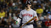Sep 9, 2025; West Sacramento, California, USA; Boston Red Sox left fielder Jarren Duran (16) smiles after getting hit by a pitch during the ninth inning against the Athletics at Sutter Health Park. Mandatory Credit: Sergio Estrada-Imagn Images