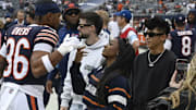 Sep 29, 2024; Chicago, Illinois, USA;  Chicago Bears safety Jonathan Owens (36) and his wife olympian Simone Biles before the game against the Los Angeles Rams at Soldier Field. Mandatory Credit: Matt Marton-Imagn Images