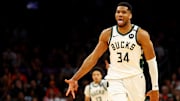 Mar 24, 2025; Phoenix, Arizona, USA; Milwaukee Bucks forward Giannis Antetokounmpo (34) reacts after a play during the second quarter against the Phoenix Suns at Footprint Center. Mandatory Credit: Mark J. Rebilas-Imagn Images