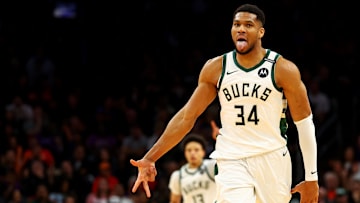 Mar 24, 2025; Phoenix, Arizona, USA; Milwaukee Bucks forward Giannis Antetokounmpo (34) reacts after a play during the second quarter against the Phoenix Suns at Footprint Center. Mandatory Credit: Mark J. Rebilas-Imagn Images