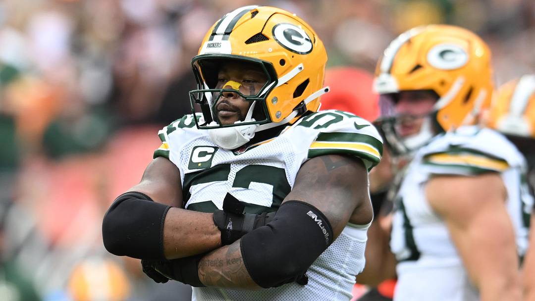 Sep 21, 2025; Cleveland, Ohio, USA; Green Bay Packers defensive end Rashan Gary (52) celebrates after a sack against the Cleveland Browns during the second half at Huntington Bank Field. Mandatory Credit: Ken Blaze-Imagn Images