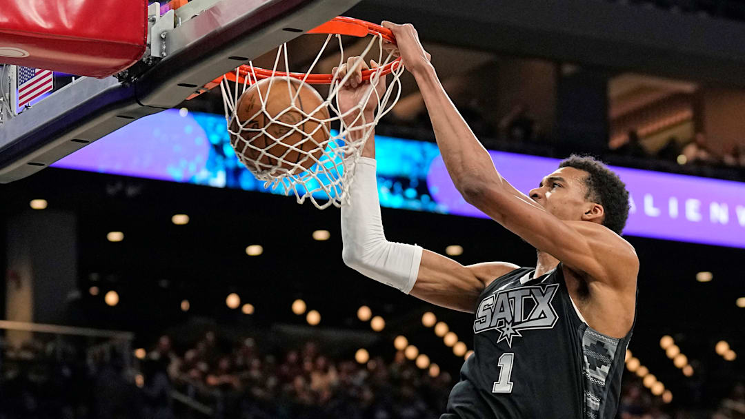 Mar 17, 2024; Austin, Texas, USA; San Antonio Spurs forward Victor Wembanyama (1) dunks during the first half against the Brooklyn Nets at Moody Center.