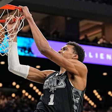 Mar 17, 2024; Austin, Texas, USA; San Antonio Spurs forward Victor Wembanyama (1) dunks during the first half against the Brooklyn Nets at Moody Center.