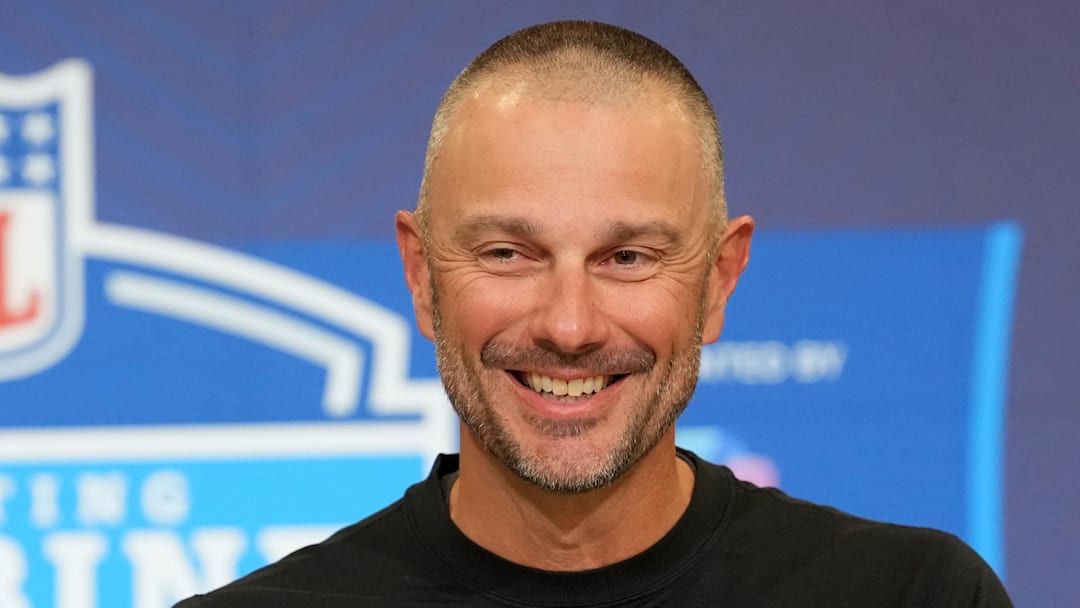 Feb 24, 2026; Indianapolis, IN, USA; Las Vegas Raiders general manager John Spytek speaks at the NFL Scouting Combine at the Indiana Convention Center. Mandatory Credit: Kirby Lee-Imagn Images