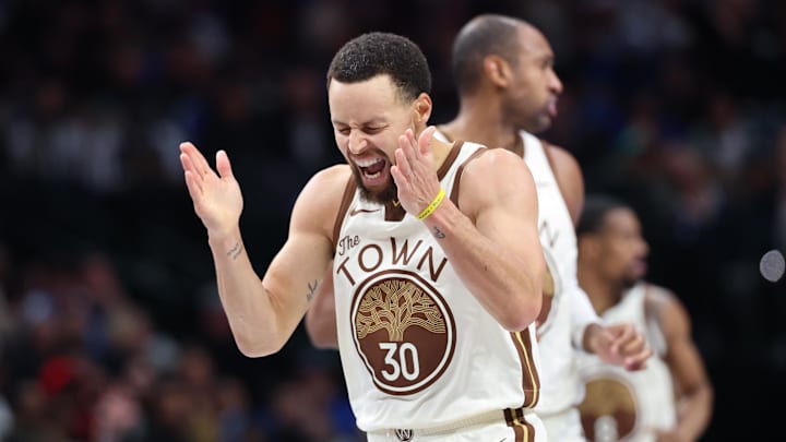 Jan 22, 2026; Dallas, Texas, USA; Golden State Warriors guard Stephen Curry (30) reacts during the second half against the Golden State Warriors at American Airlines Center. Mandatory Credit: Kevin Jairaj-Imagn Images